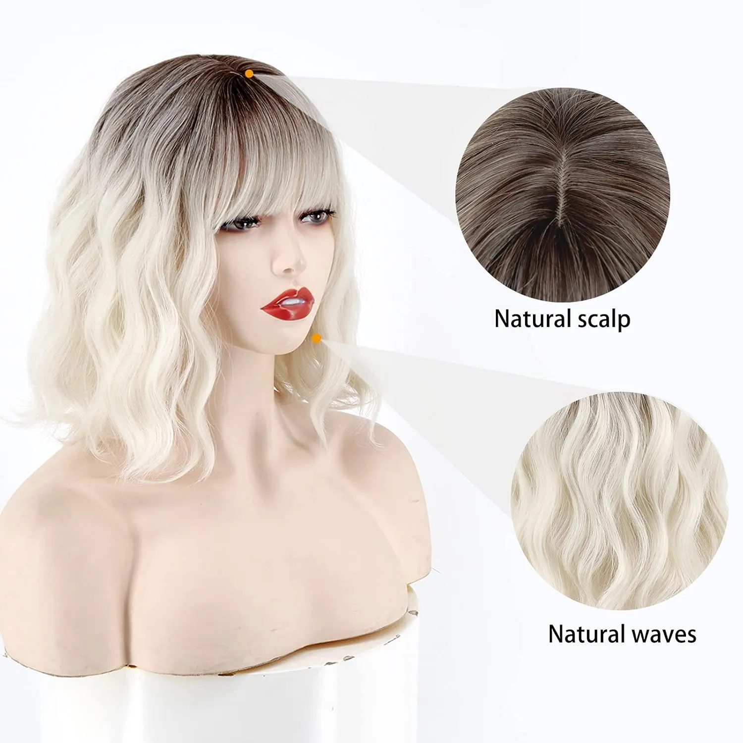 MISSQUEEN Short Platinum Blonde Wavy Wig with Bangs,Dark Roots Short White Blonde Wig for Women,Middle Part Cosplay blonde Wigs Natural Looking for Daily Use