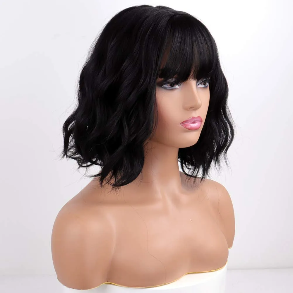 MISSQUEEN Short Wavy Black Wig with Bangs, Short Black Bob Wigs for Women, Wavy Bob Wig with Bangs Synthetic Natural Looking Heat Resistant Fiber Wigs