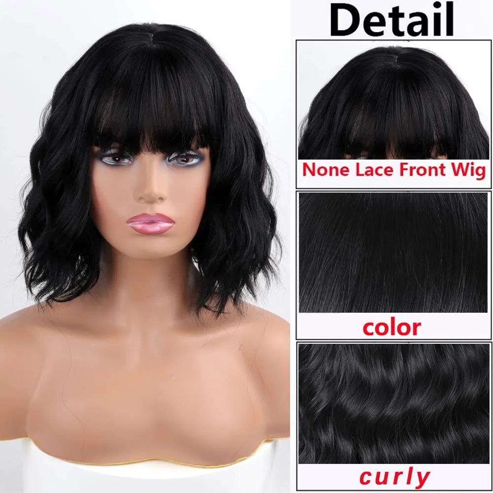 MISSQUEEN Short Wavy Black Wig with Bangs, Short Black Bob Wigs for Women, Wavy Bob Wig with Bangs Synthetic Natural Looking Heat Resistant Fiber Wigs