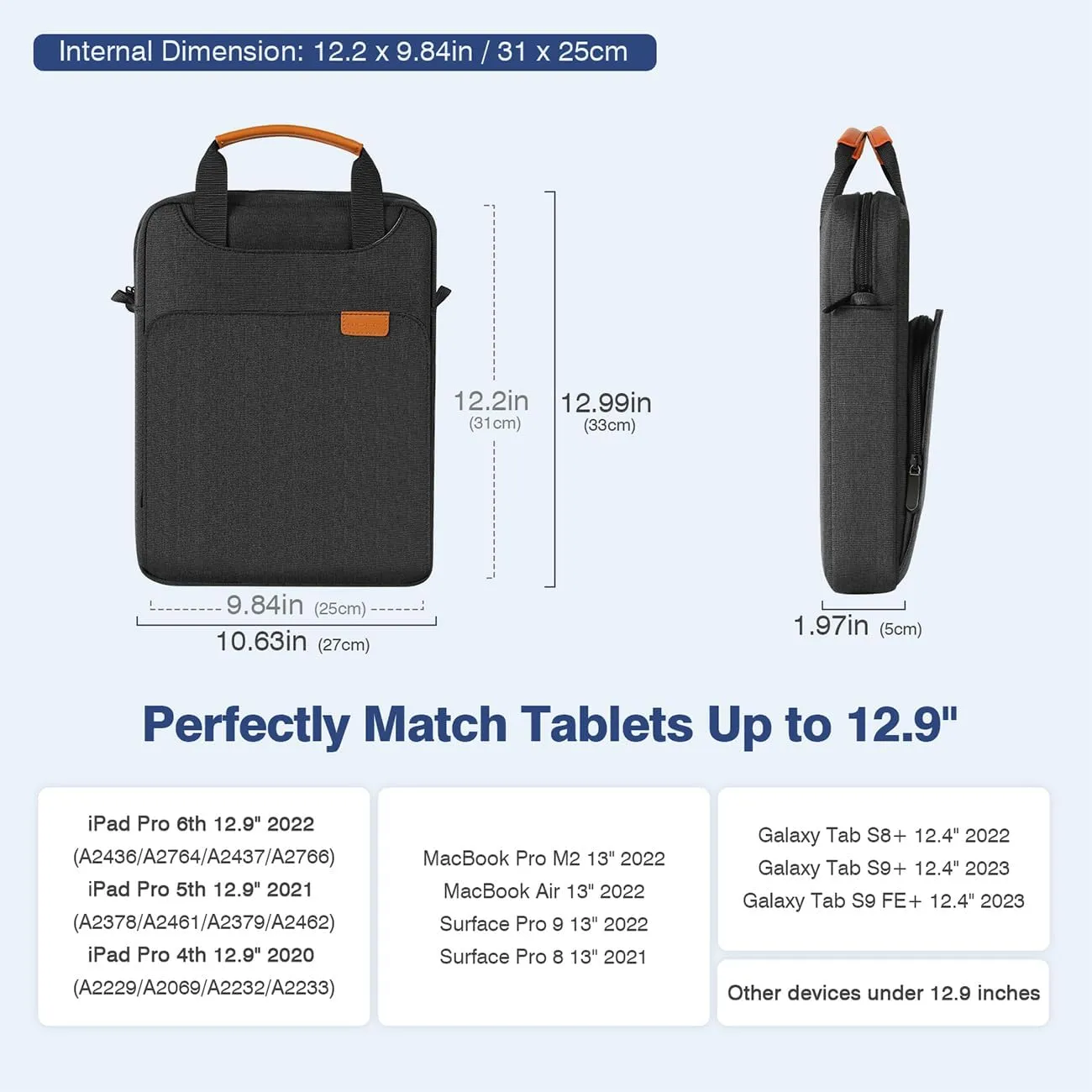 MoKo 12.9 Inch Tablet Shoulder Sleeve Bag, Fits 13 Inch New iPad Pro M4 & Air M2 2024, iPad Pro 12.9 inch M2&M1, Surface Laptop Go 12.4", Galaxy Tab S8 /S9  12.4" 2022/2023, Black & Gray