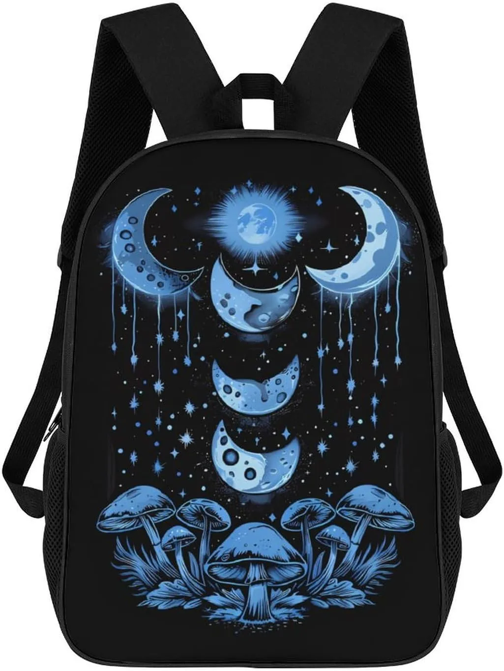 Moon Phases Mushrooms 17 Inch Backpack Travel Laptop Shoulder Bag Funny Daypack Gifts for Men Women