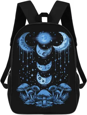 Moon Phases Mushrooms 17 Inch Backpack Travel Laptop Shoulder Bag Funny Daypack Gifts for Men Women