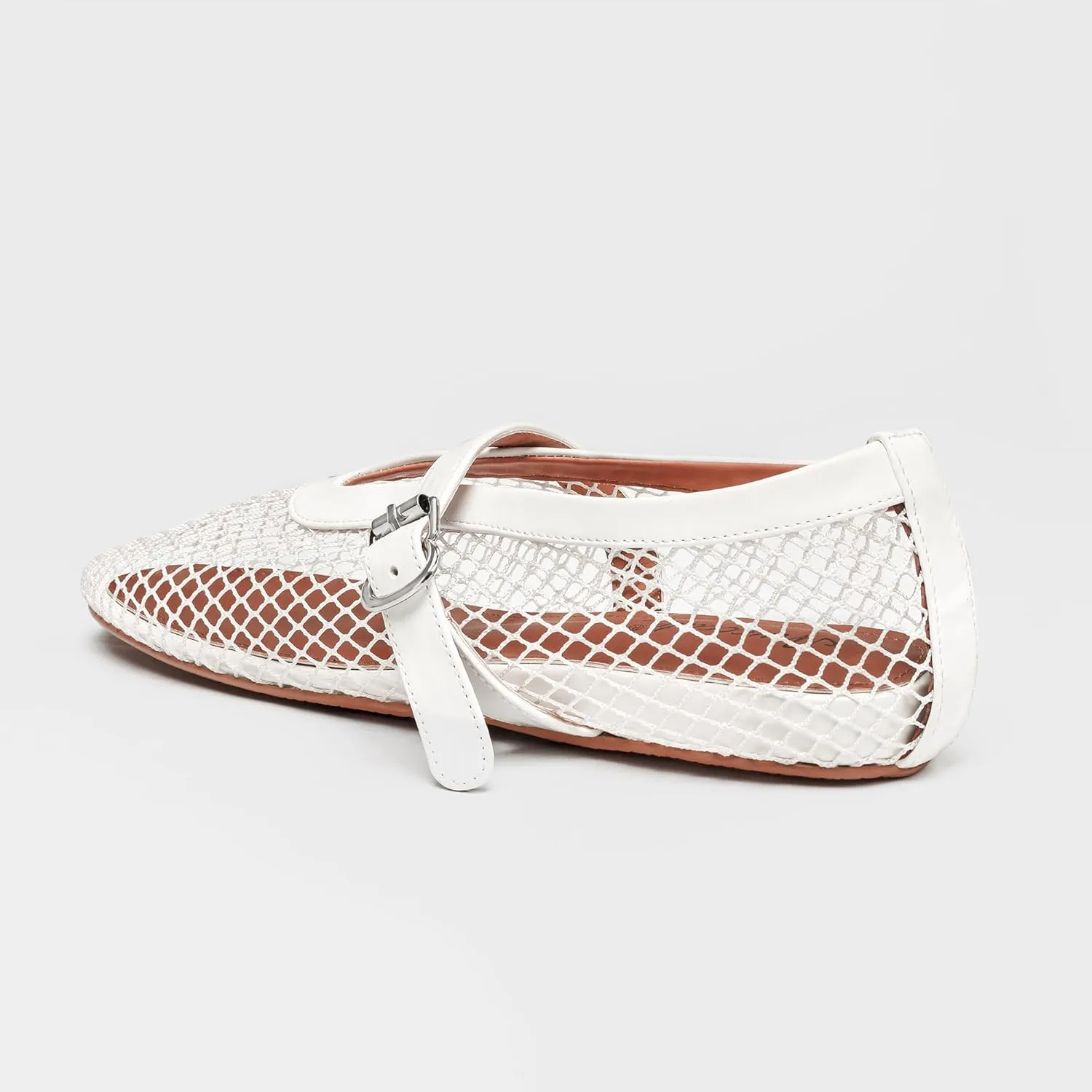 MUCCCUTE Mesh Ballet Flats for Women Mary Jane Flats Ballerina Round Toe Buckle Strap Fishnet Patent Leather Trimmed Comfy Shoes