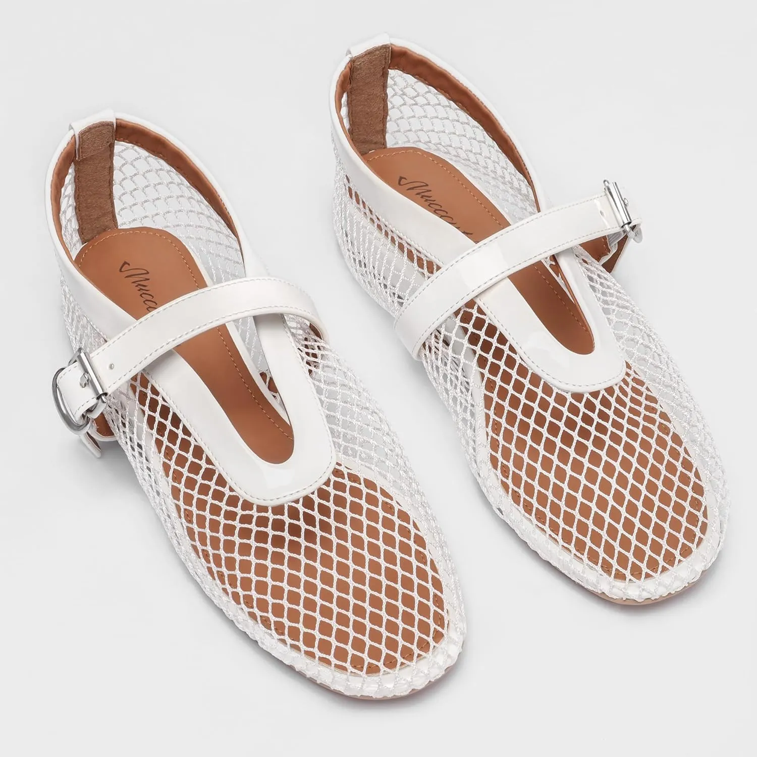 MUCCCUTE Mesh Ballet Flats for Women Mary Jane Flats Ballerina Round Toe Buckle Strap Fishnet Patent Leather Trimmed Comfy Shoes