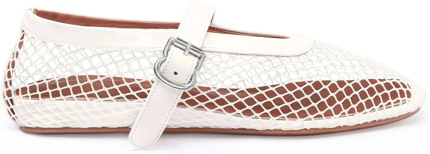 MUCCCUTE Mesh Ballet Flats for Women Mary Jane Flats Ballerina Round Toe Buckle Strap Fishnet Patent Leather Trimmed Comfy Shoes