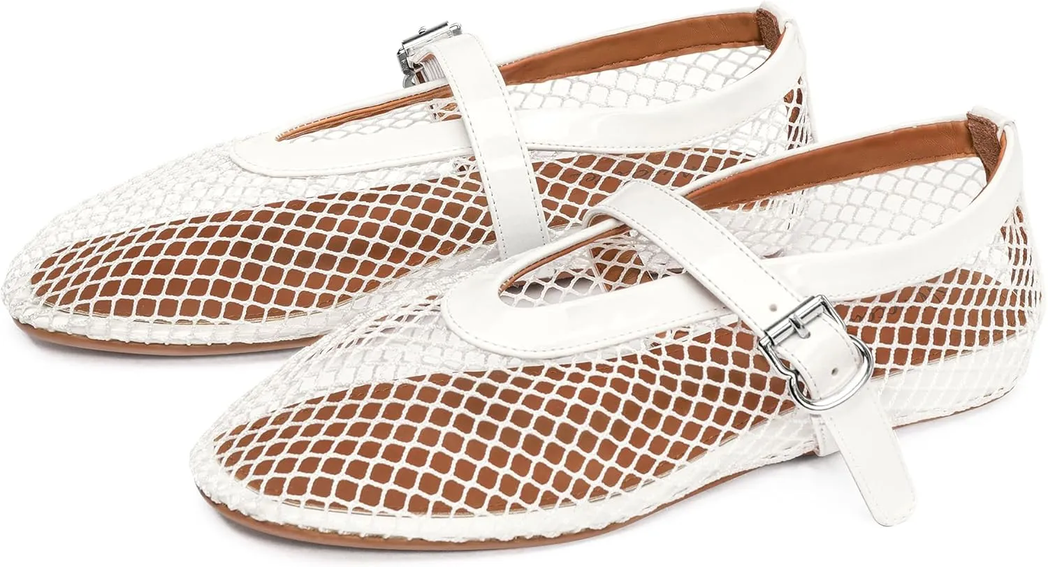 MUCCCUTE Mesh Ballet Flats for Women Mary Jane Flats Ballerina Round Toe Buckle Strap Fishnet Patent Leather Trimmed Comfy Shoes