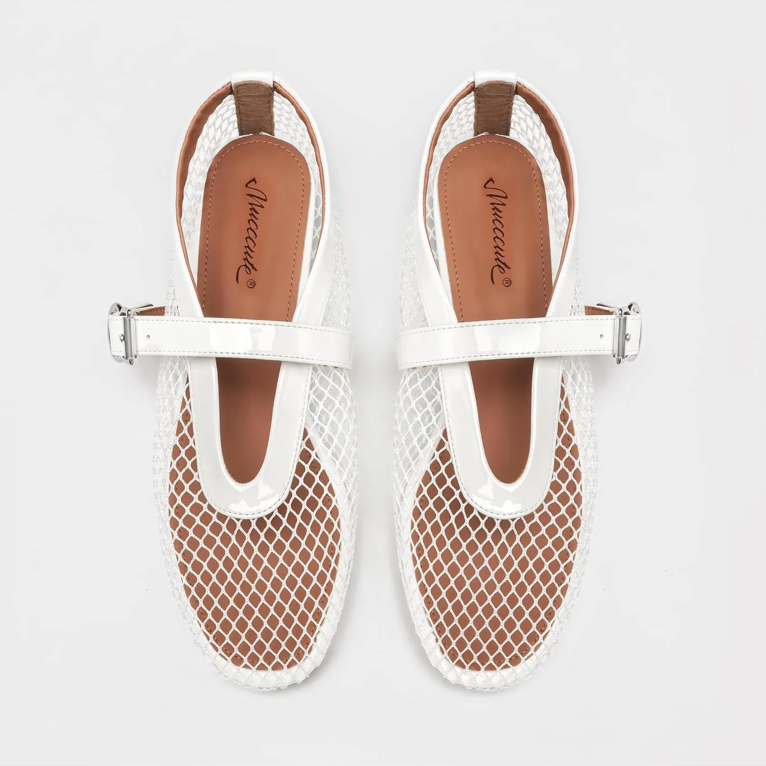 MUCCCUTE Mesh Ballet Flats for Women Mary Jane Flats Ballerina Round Toe Buckle Strap Fishnet Patent Leather Trimmed Comfy Shoes