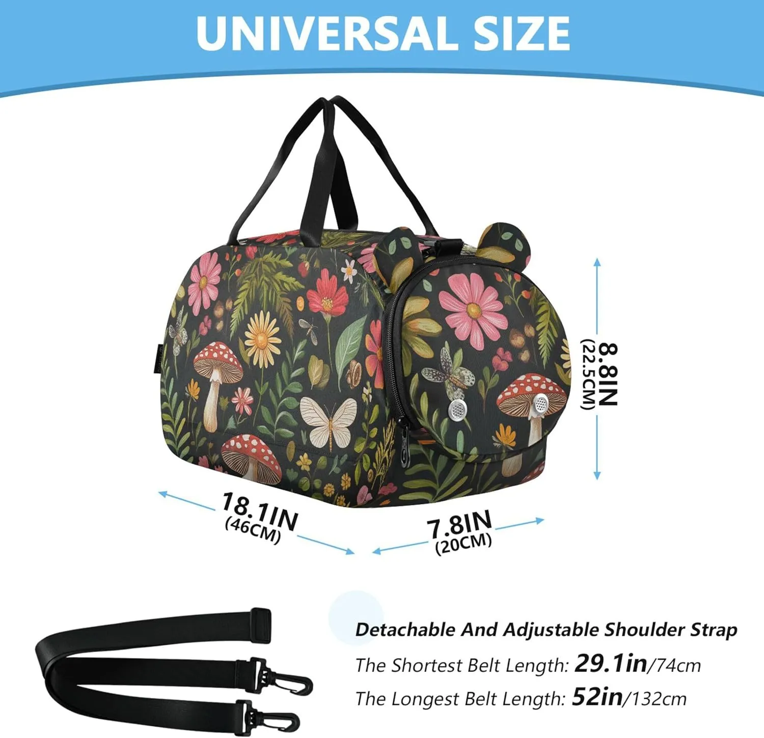 Mushroom Botanical Dragonflies Kids Cute Gym Bag with Shoes Compartment Large Capacity Kids Overnight Duffel Bag for Travel, Sports, Duffel, Weekender