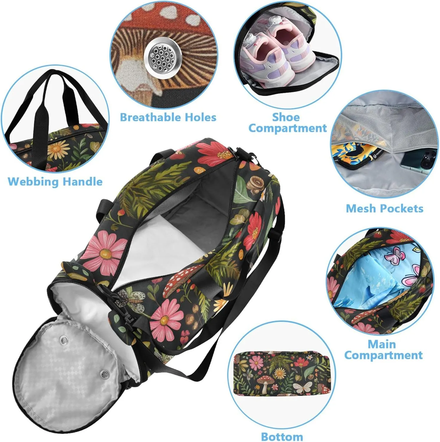 Mushroom Botanical Dragonflies Kids Cute Gym Bag with Shoes Compartment Large Capacity Kids Overnight Duffel Bag for Travel, Sports, Duffel, Weekender