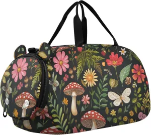 Mushroom Botanical Dragonflies Kids Cute Gym Bag with Shoes Compartment Large Capacity Kids Overnight Duffel Bag for Travel, Sports, Duffel, Weekender