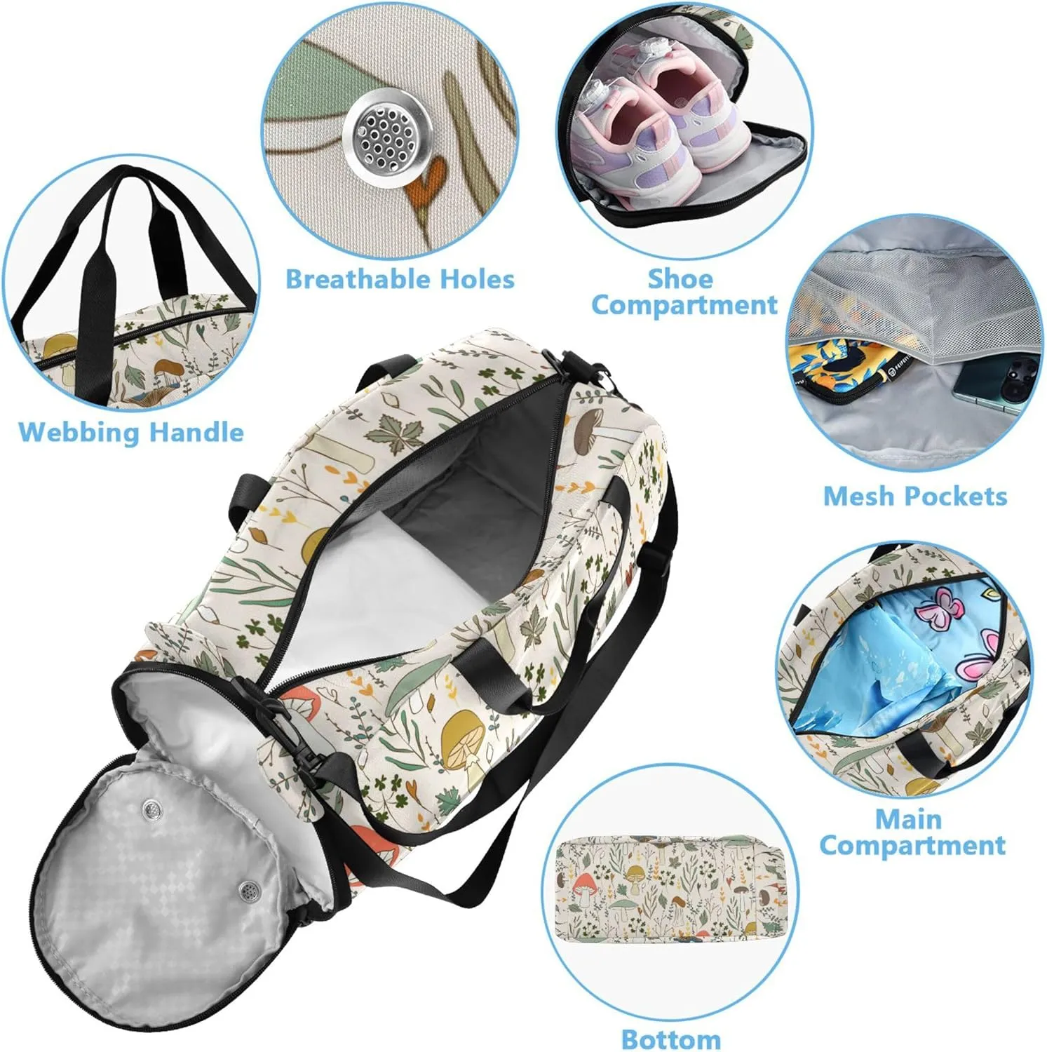 Mushrooms Boy's Gym Duffel Bag with Shoes Compartment Large Capacity Overnight Bag for Travel, Sports, Fitness & Workout