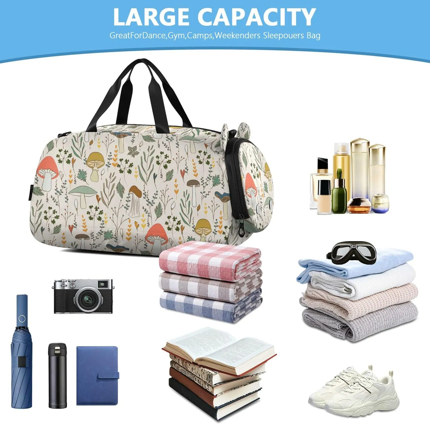Mushrooms Boy's Gym Duffel Bag with Shoes Compartment Large Capacity Overnight Bag for Travel, Sports, Fitness & Workout