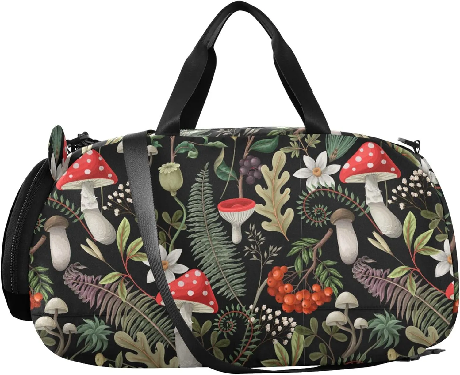 Mushrooms Fern and Berries Kids Duffel Bag with Shoes Compartment Large Capacity Travel Duffel Bag for School Practice, Sports, Travel