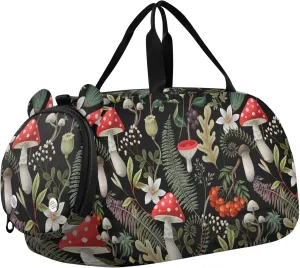 Mushrooms Fern and Berries Kids Duffel Bag with Shoes Compartment Large Capacity Travel Duffel Bag for School Practice, Sports, Travel