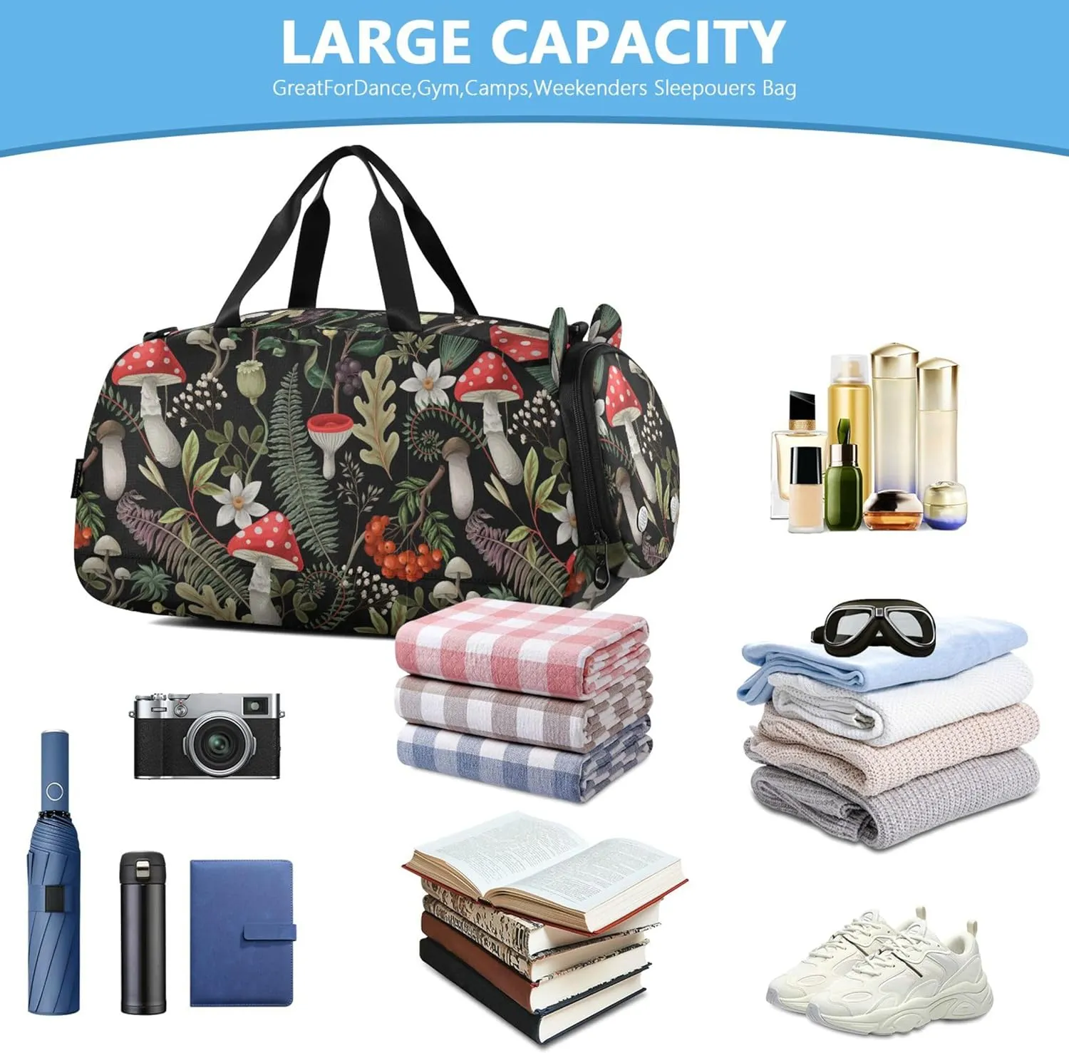 Mushrooms Fern and Berries Kids Duffel Bag with Shoes Compartment Large Capacity Travel Duffel Bag for School Practice, Sports, Travel