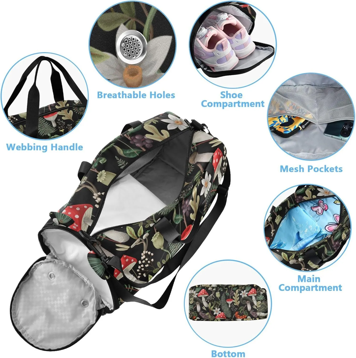 Mushrooms Fern and Berries Kids Duffel Bag with Shoes Compartment Large Capacity Travel Duffel Bag for School Practice, Sports, Travel