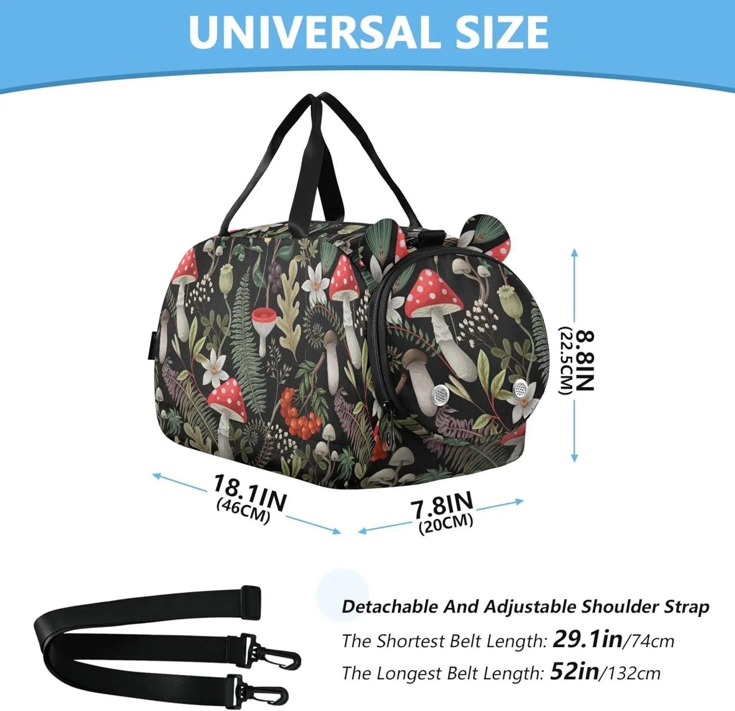 Mushrooms Fern and Berries Kids Duffel Bag with Shoes Compartment Large Capacity Travel Duffel Bag for School Practice, Sports, Travel