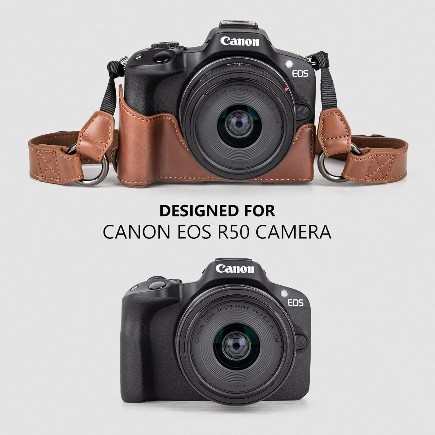 MUZIRI KINOKOO EOS R50 R100 Case, Retro PU Leather Protective Case for Canon EOS R50 R100 DSLR Camera - EOS R50 R100 Camera Case Bag with Bottom Opening & Shoulder Strap & Storage Pocket - Coffee