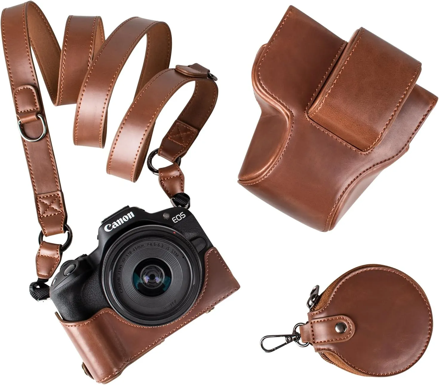 MUZIRI KINOKOO EOS R50 R100 Case, Retro PU Leather Protective Case for Canon EOS R50 R100 DSLR Camera - EOS R50 R100 Camera Case Bag with Bottom Opening & Shoulder Strap & Storage Pocket - Coffee