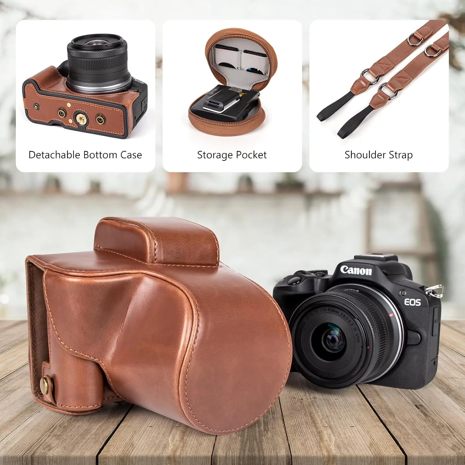 MUZIRI KINOKOO EOS R50 R100 Case, Retro PU Leather Protective Case for Canon EOS R50 R100 DSLR Camera - EOS R50 R100 Camera Case Bag with Bottom Opening & Shoulder Strap & Storage Pocket - Coffee
