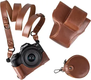 MUZIRI KINOKOO EOS R50 R100 Case, Retro PU Leather Protective Case for Canon EOS R50 R100 DSLR Camera - EOS R50 R100 Camera Case Bag with Bottom Opening & Shoulder Strap & Storage Pocket - Coffee