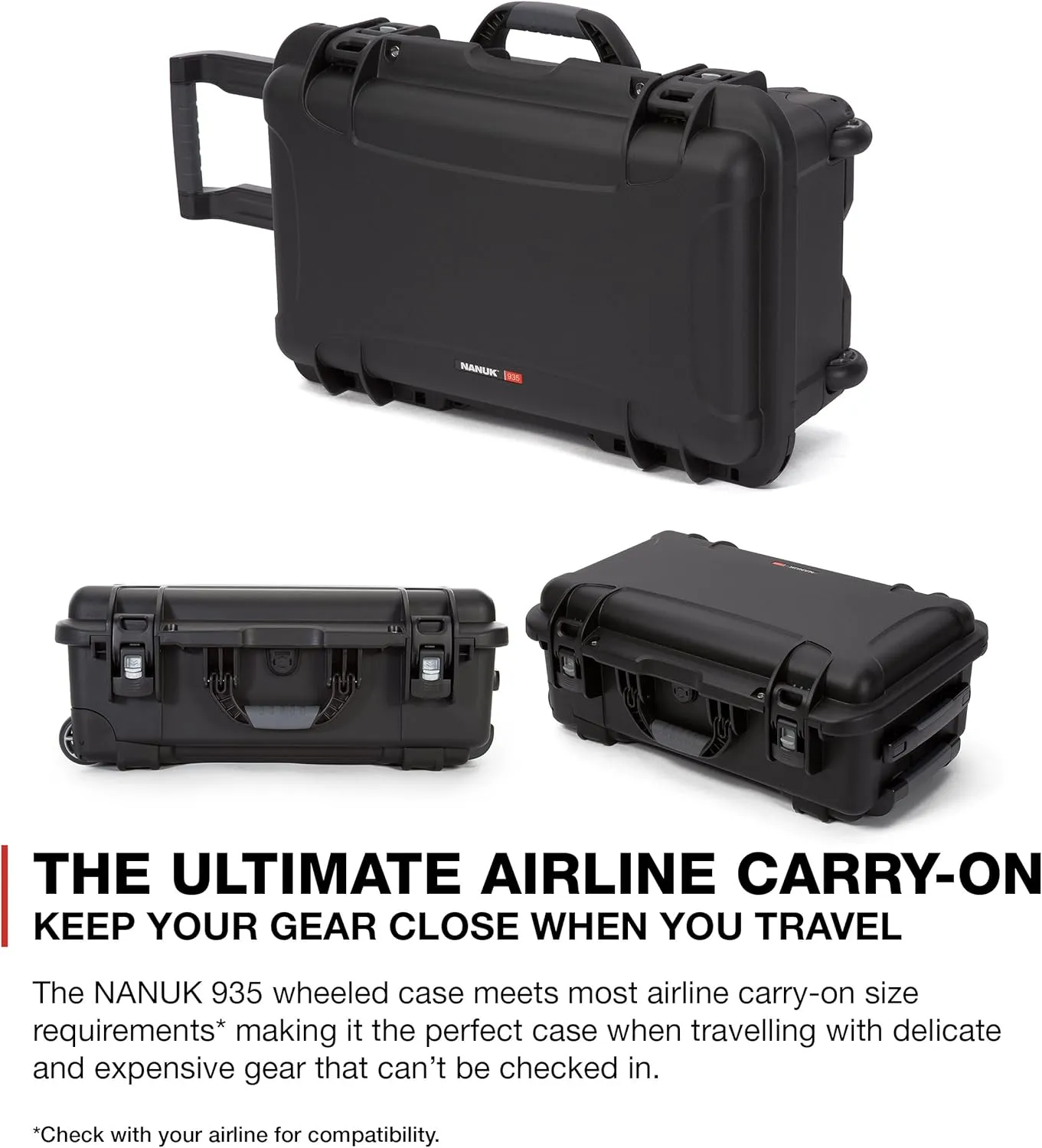 NANUK Wheeled Series 935 Lightweight NK-7 Resin Waterproof Protective Case for DSLR Camera, 3 Lenses, Flash, Black