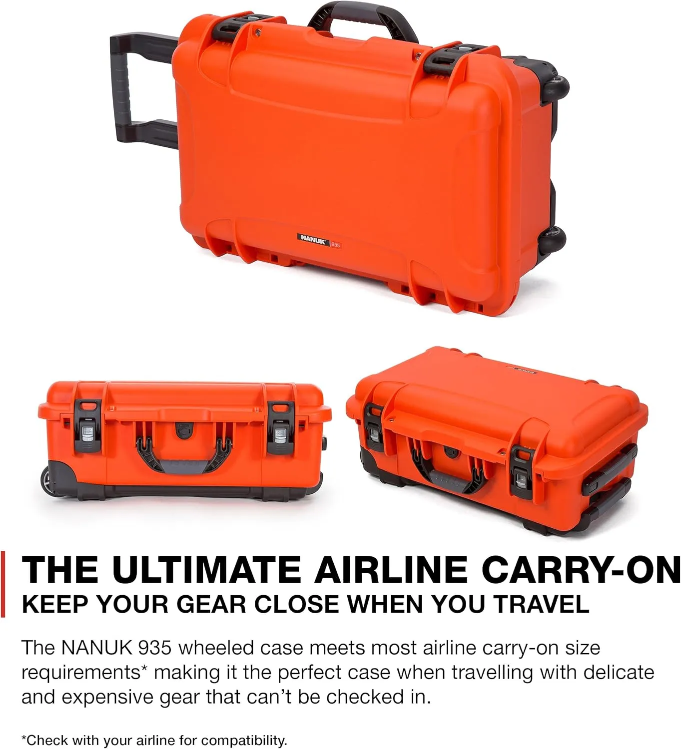 NANUK Wheeled Series 935 Lightweight NK-7 Resin Waterproof Protective Case for DSLR Camera, 3 Lenses, Flash, Orange