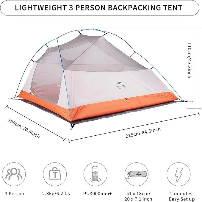 Naturehike Cloud-Up 3 Person Lightweight Backpacking Tent with Footprint - 3 Season Free Standing Dome Camping Hiking Waterproof Backpack Tents