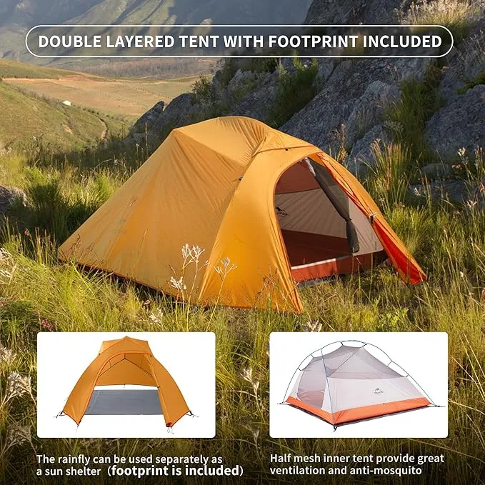 Naturehike Cloud-Up 3 Person Lightweight Backpacking Tent with Footprint - 3 Season Free Standing Dome Camping Hiking Waterproof Backpack Tents
