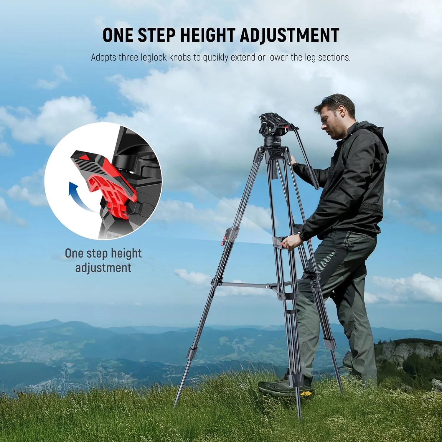 NEEWER 76" Video Camera Tripod with Fluid Head, One Step Quick Release Portable Tripod, Aluminum Heavy Duty Tripod Stand, Dual Mode QR Plate for DSLR Cameras Camcorders, Max Load 17.6lb, LL27