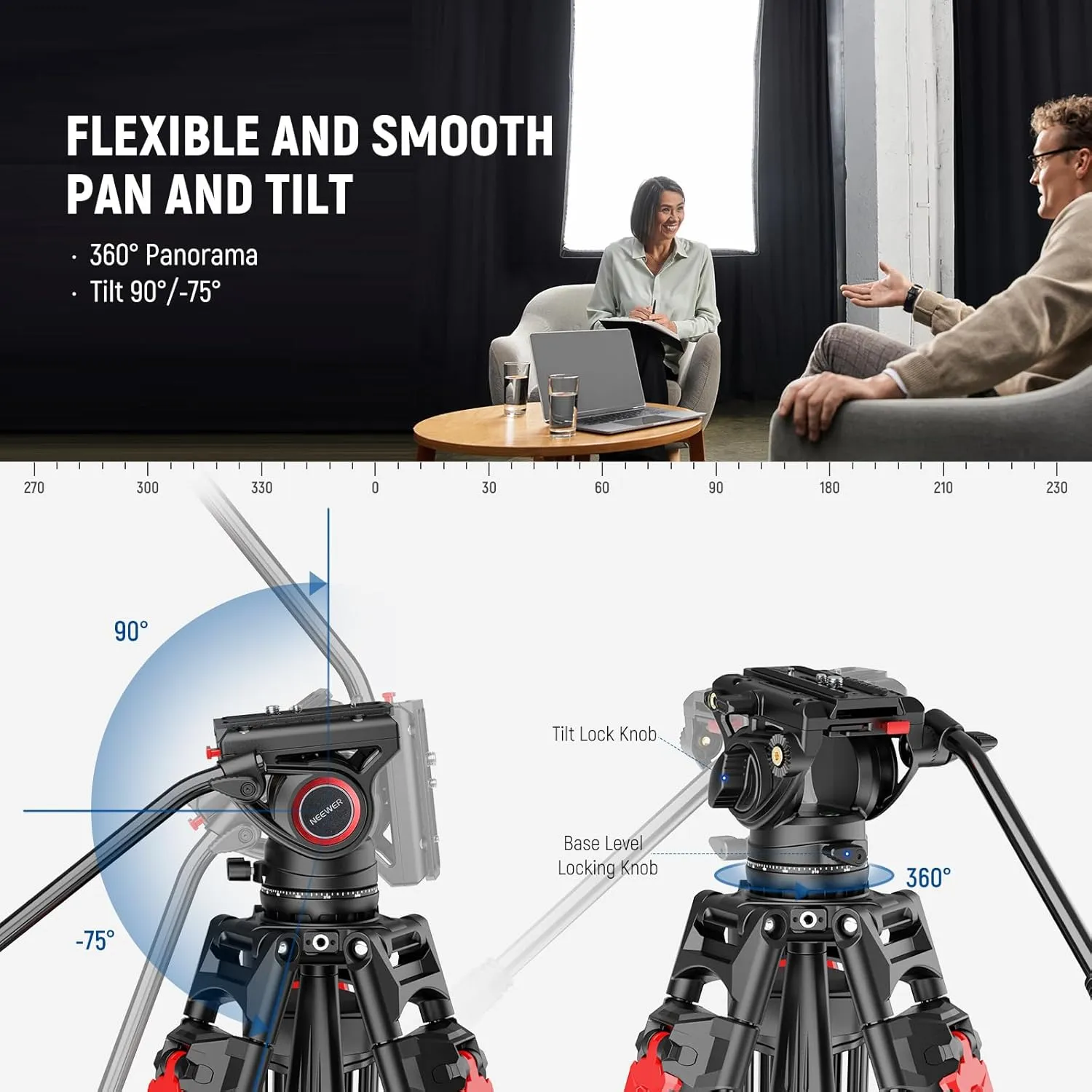 NEEWER 76" Video Camera Tripod with Fluid Head, One Step Quick Release Portable Tripod, Aluminum Heavy Duty Tripod Stand, Dual Mode QR Plate for DSLR Cameras Camcorders, Max Load 17.6lb, LL27