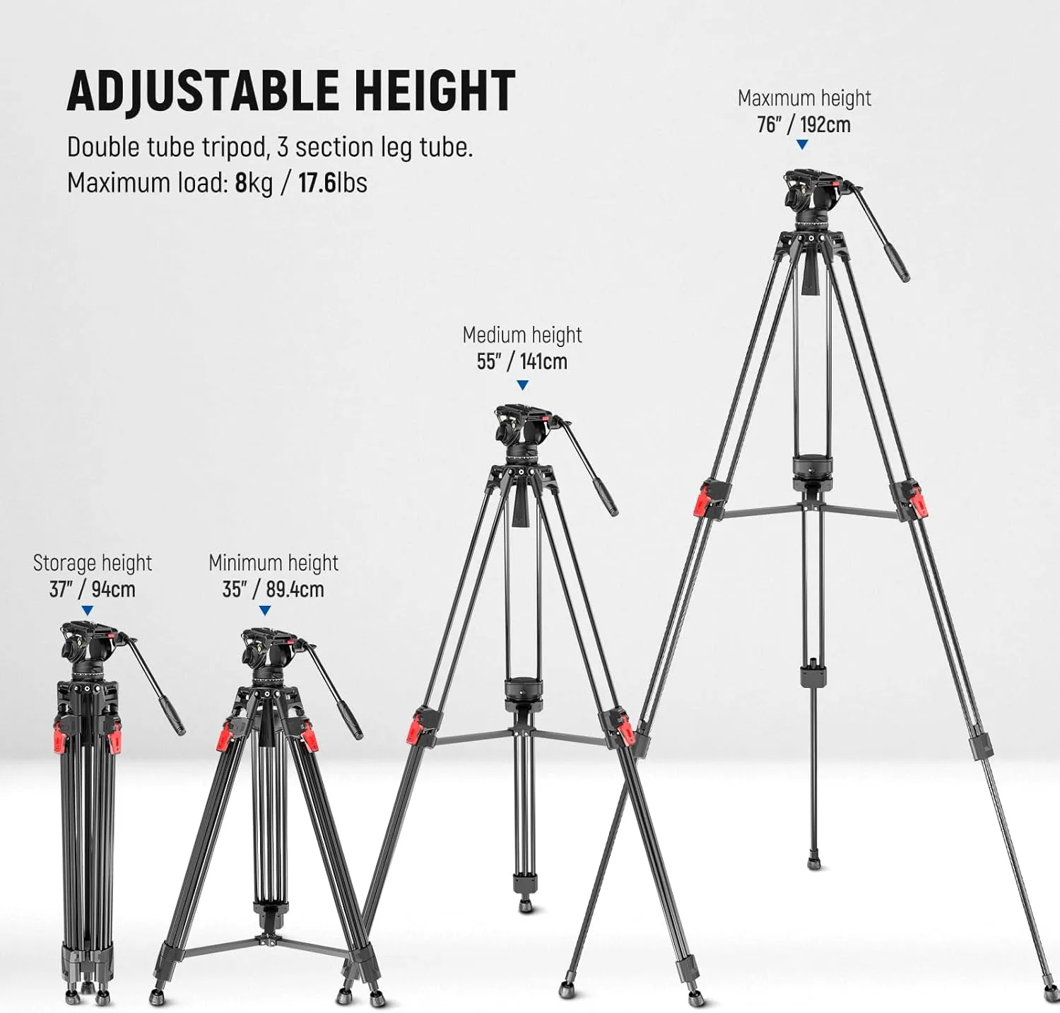 NEEWER 76" Video Camera Tripod with Fluid Head, One Step Quick Release Portable Tripod, Aluminum Heavy Duty Tripod Stand, Dual Mode QR Plate for DSLR Cameras Camcorders, Max Load 17.6lb, LL27