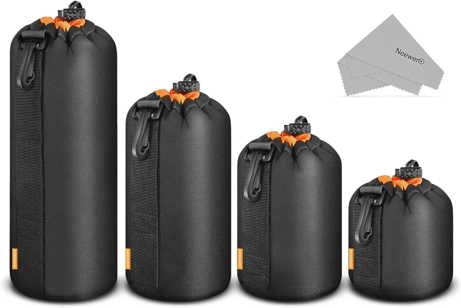 NEEWER Camera Lens Pouch (4 Packs, 4 Sizes) Thick Protective Bag with Drawstring Design, Orange Interior, Soft Plush Neoprene Bag for Sony, Canon, Nikon, Pentax, Olympus, Panasonic DSLR Lens