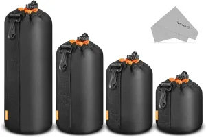 NEEWER Camera Lens Pouch (4 Packs, 4 Sizes) Thick Protective Bag with Drawstring Design, Orange Interior, Soft Plush Neoprene Bag for Sony, Canon, Nikon, Pentax, Olympus, Panasonic DSLR Lens