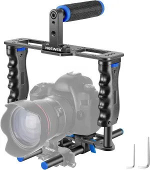 NEEWER Camera Video Cage Film Movie Making Kit, Aluminum Alloy with Top Handle, Dual Hand Grip, Two 15mm Rods, Compatible with Canon Sony Fujifilm Nikon DSLR Camera and Camcorder (Black   Blue)