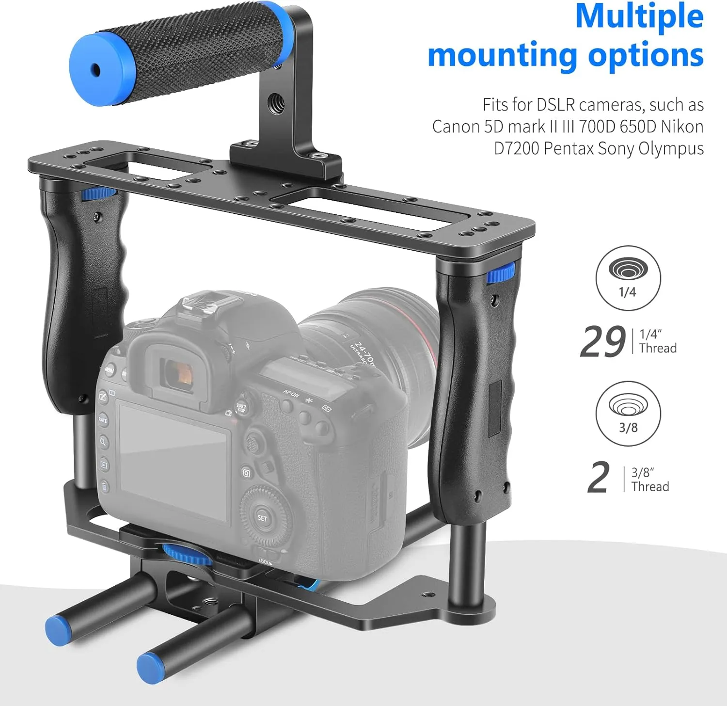 NEEWER Camera Video Cage Film Movie Making Kit, Aluminum Alloy with Top Handle, Dual Hand Grip, Two 15mm Rods, Compatible with Canon Sony Fujifilm Nikon DSLR Camera and Camcorder (Black   Blue)