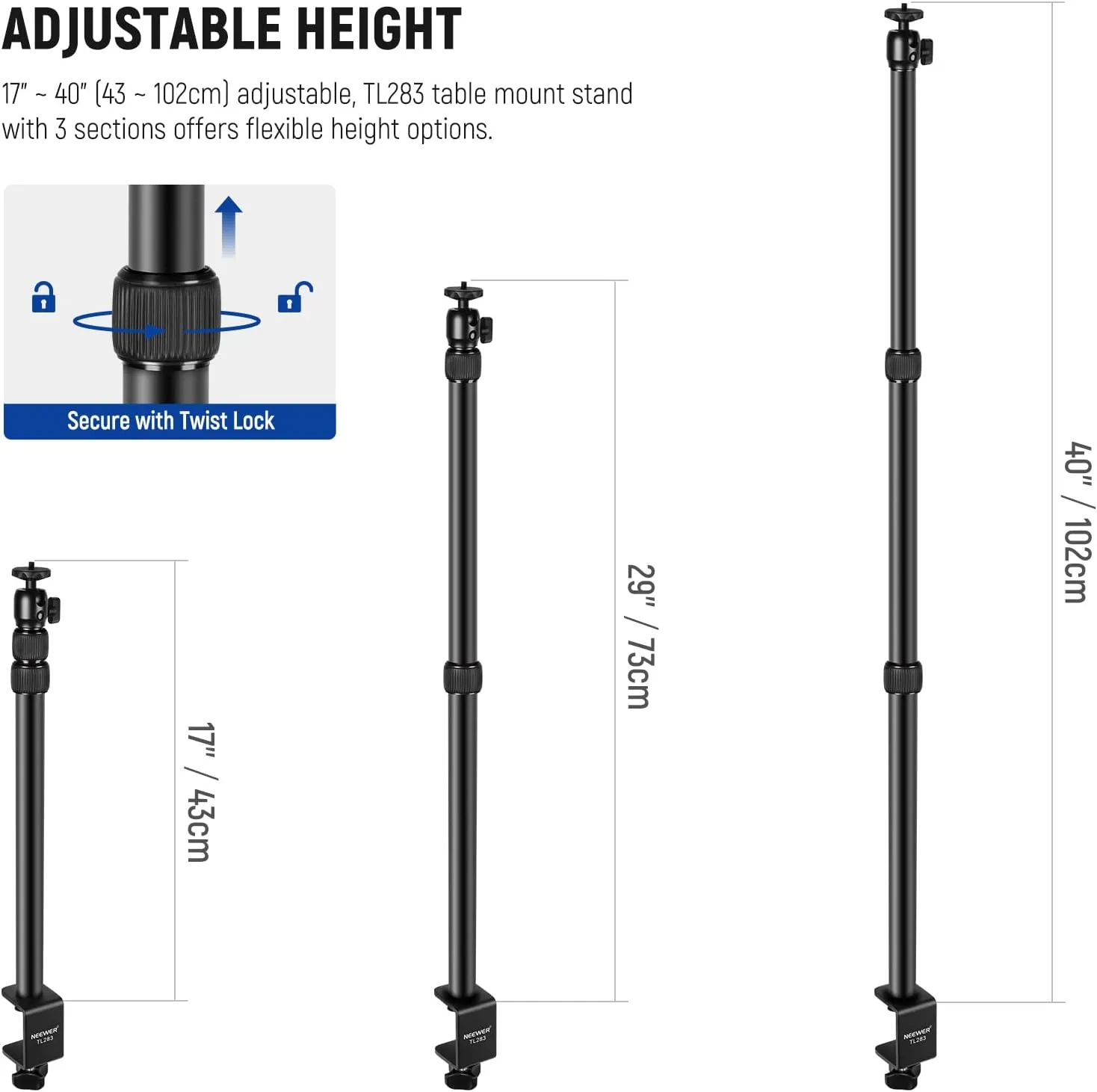Neewer Extendable Camera Desk Mount with Ball Head, 17"-40" Adjustable Table Light Stand with 1/4" Screw & C Clamp for DSLR Camera, Ring Light, Live Stream, Vlog, Max Load: 6.6lb/3kg, TL283 (Black)