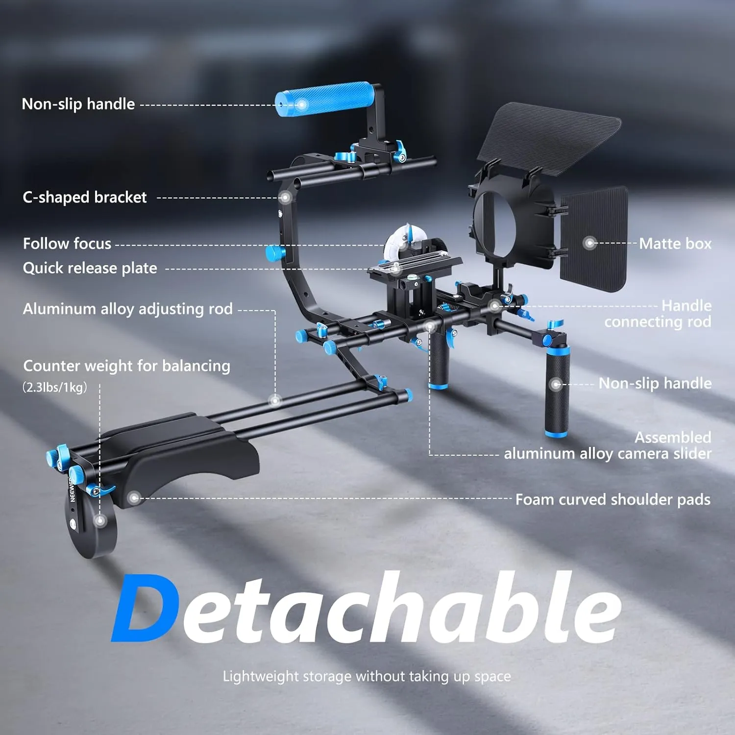 Neewer Shoulder Rig Kit for DSLR Cameras and Camcorders, Movie Video Film Making System with Matte Box, Follow Focus, C-Shaped Bracket, 15mm Rods, Handgrip, 1/4” & 3/8” Threads (Blue   Black)