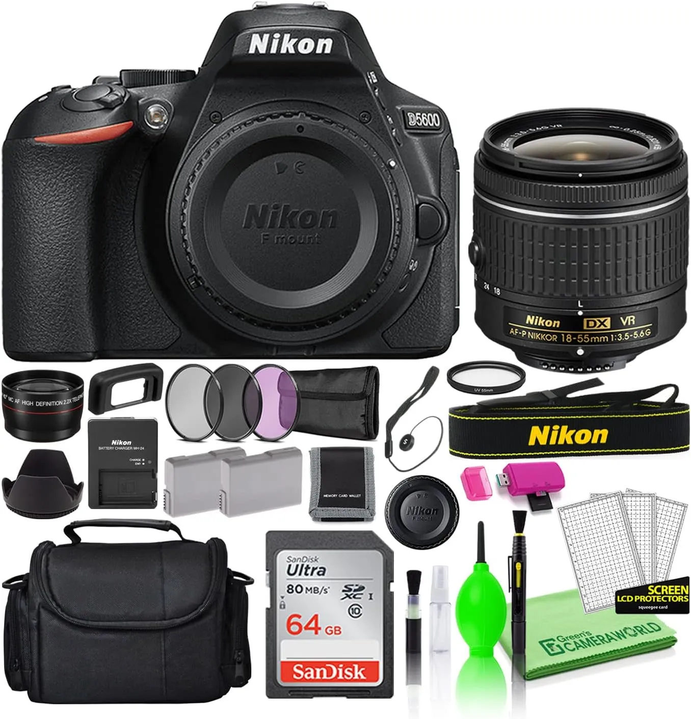 Nikon D5600 24.2MP DSLR Digital Camera with AF-P DX 18-55mm Lens (1576) Deluxe Bundle -Includes- Sandisk 64GB SD Card   Large Camera Bag   Filter Kit   Spare Battery   Telephoto Lens   More