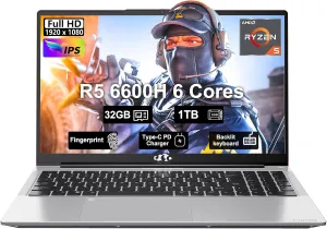 NIMO 15.6" IPS FHD-Business-Gaming-Laptop, AMD Ryzen 5 6600H, 32GB DDR5 RAM 1TB SSD (Beat i5-12450H, Up to 4.5GHz) 100W Type C Computer with 6-Cores 660M GPU, Fingerprint, Backlit Keyboard
