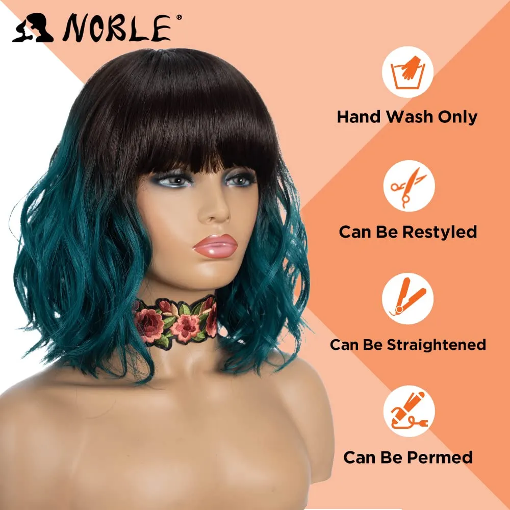 NOBLE Synthetic Curly Bob Wig With Bangs Short Bob Wigs Ombre Brown To Green Color Women's Shoulder Length Wigs Curly Wavy Wig Heat Resistant Colorful Daily Party Wig.