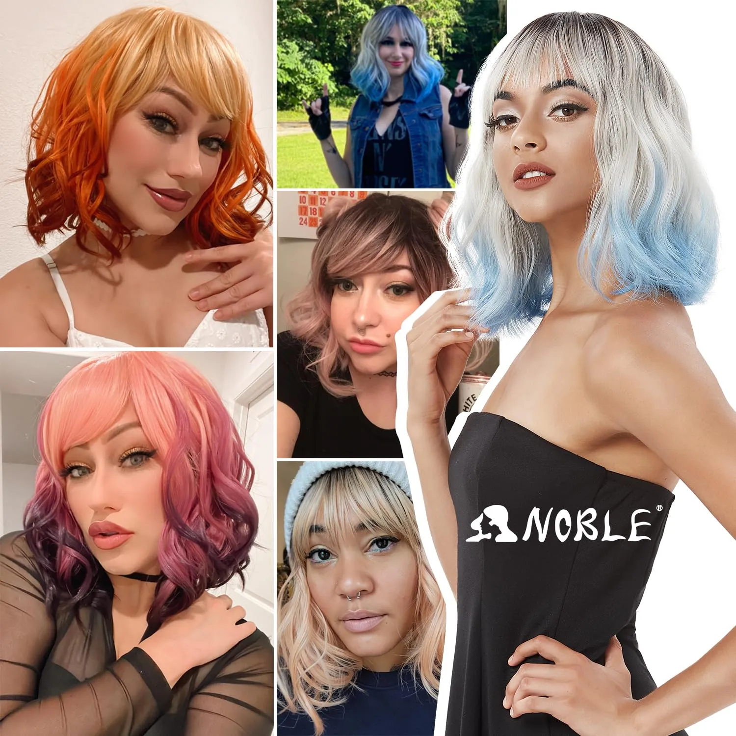 NOBLE Synthetic Curly Bob Wig With Bangs Short Bob Wigs Ombre Brown To Green Color Women's Shoulder Length Wigs Curly Wavy Wig Heat Resistant Colorful Daily Party Wig.