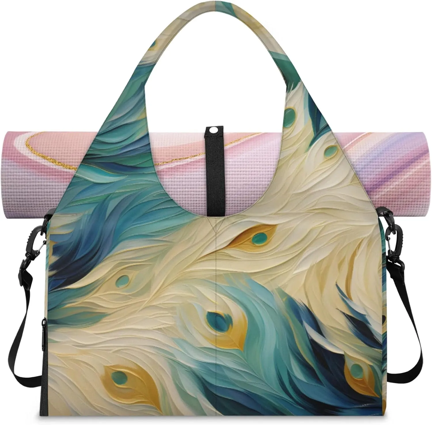 Oil painting of peacock feathers Women's Yoga Gym Bag - Adjustable shoulder strap with shoe compartment, large gym bag with multiple pockets for yoga mat, gym equipment and travel accessories