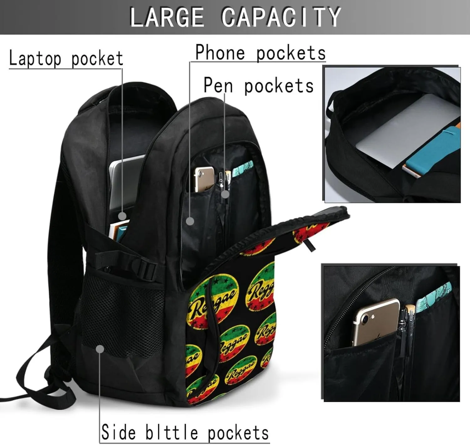 One Loves Jamaican Rasta Reggae Travel Backpack Laptop Backpacks Business Rucksack Outdoor Daypack Large Sport Bag with Luggage Strap USB Charging Port for Hiking Working
