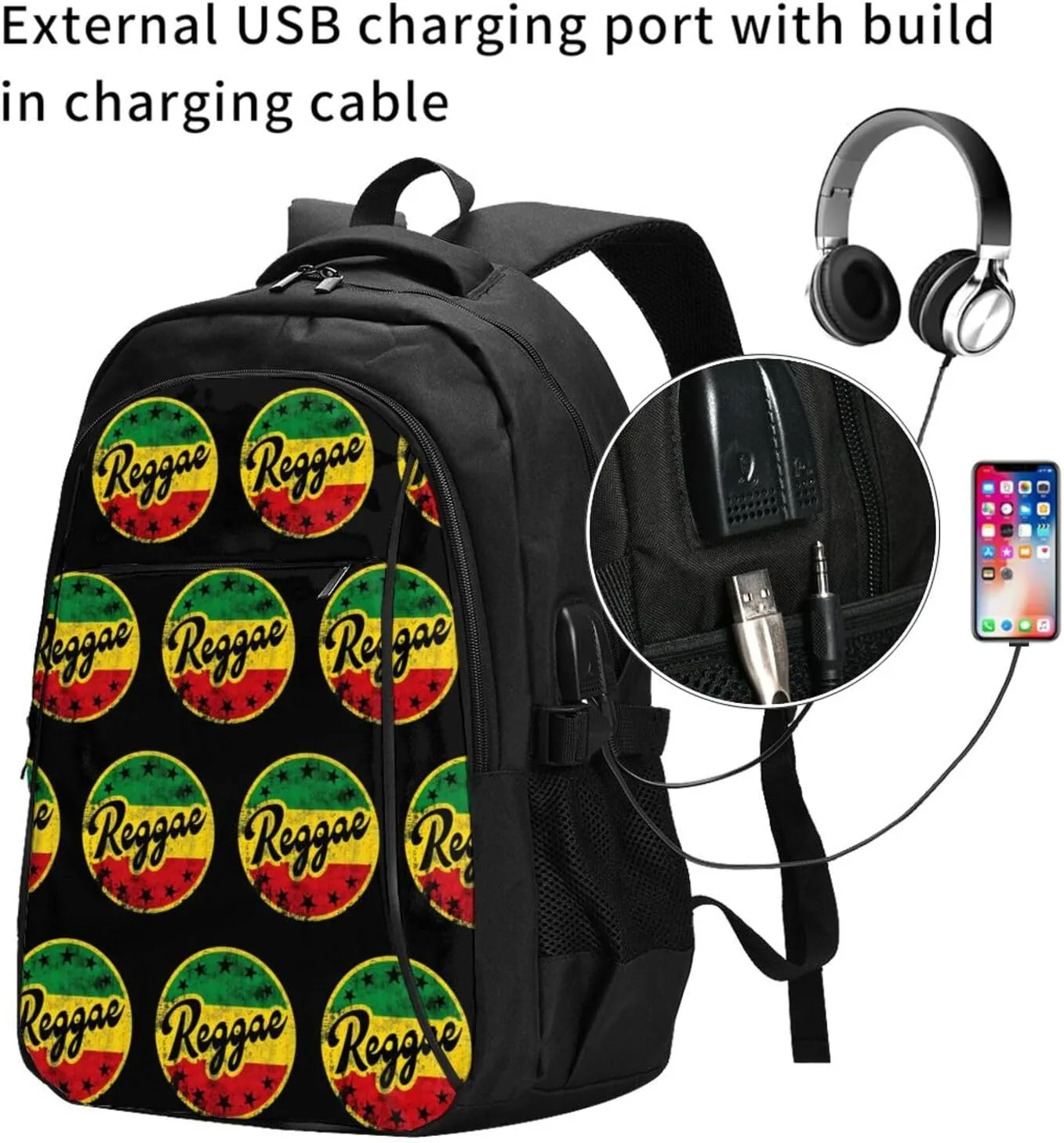 One Loves Jamaican Rasta Reggae Travel Backpack Laptop Backpacks Business Rucksack Outdoor Daypack Large Sport Bag with Luggage Strap USB Charging Port for Hiking Working