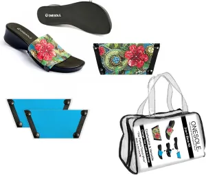 Onesole Leisure Black Travel Kit, Women’s Low Heel Wedge Sandals, Comfy Black Slip On Shoe with Two Sets of Tops in Solid Teal and Floral Print, for Dress and Casual, (Size 7)