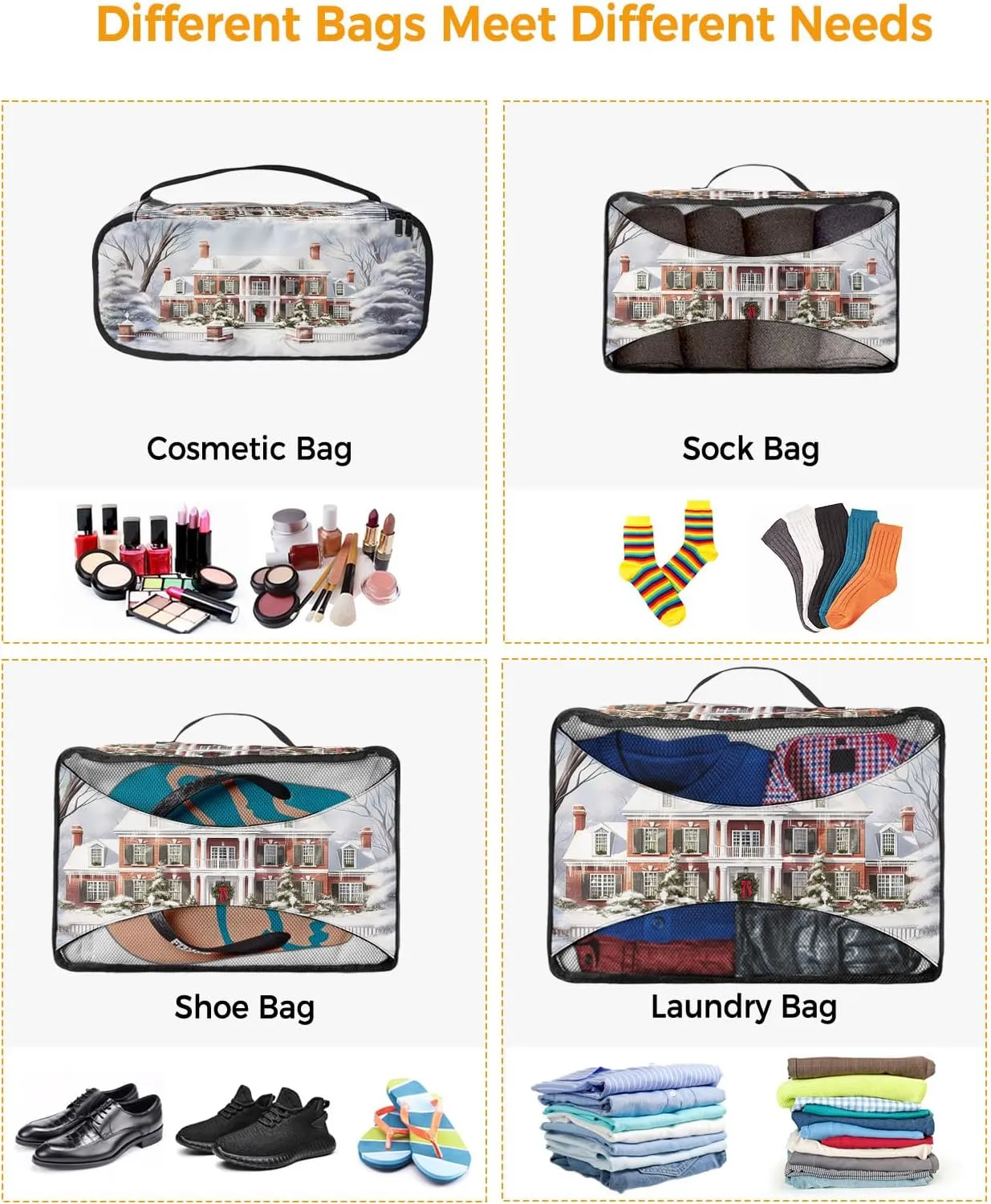 Packing Cubes for Travel, 4 Set Travel Packing Organized Cubes Christmas Snow Scene Snowflakes House White Christmas Tree Waterproof Luggage Organizer Travel Accessories for Carry On Suitcases
