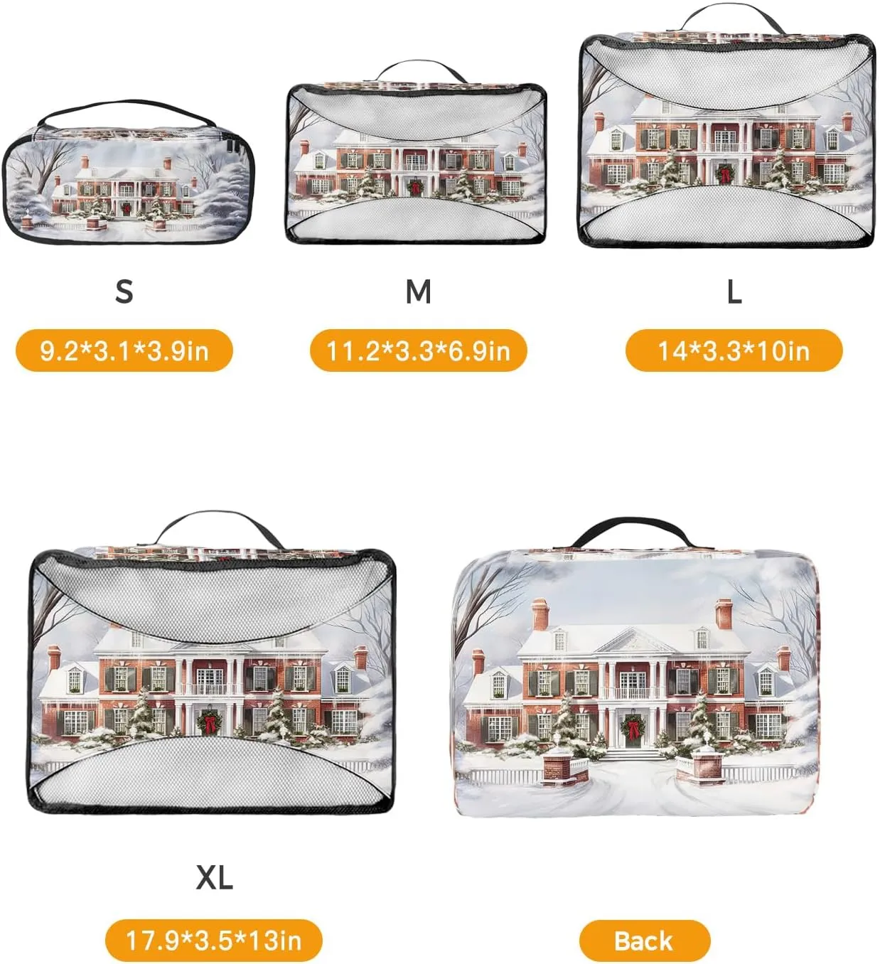 Packing Cubes for Travel, 4 Set Travel Packing Organized Cubes Christmas Snow Scene Snowflakes House White Christmas Tree Waterproof Luggage Organizer Travel Accessories for Carry On Suitcases
