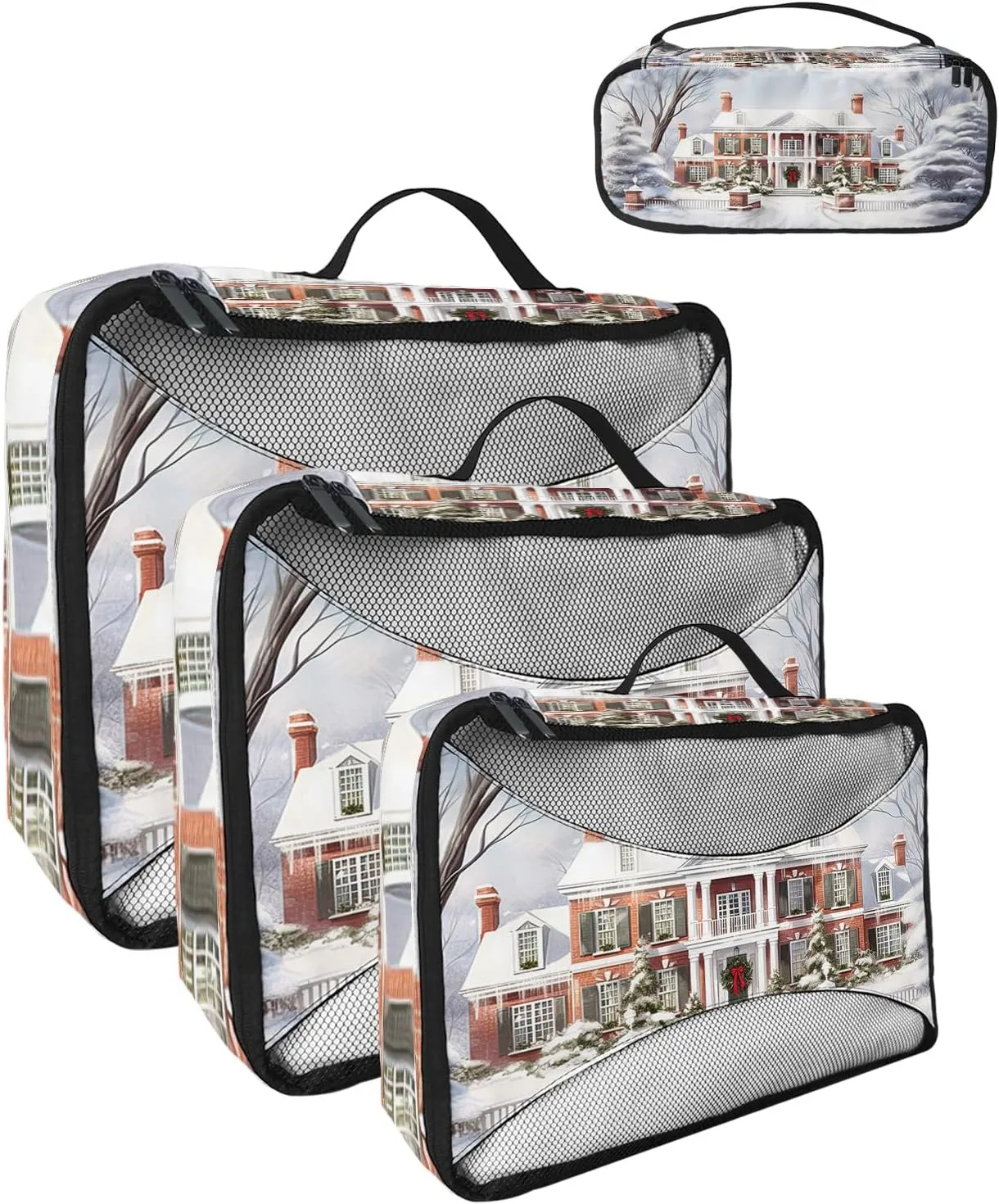 Packing Cubes for Travel, 4 Set Travel Packing Organized Cubes Christmas Snow Scene Snowflakes House White Christmas Tree Waterproof Luggage Organizer Travel Accessories for Carry On Suitcases