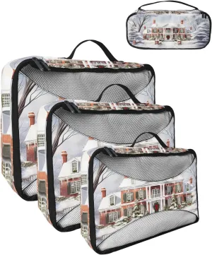 Packing Cubes for Travel, 4 Set Travel Packing Organized Cubes Christmas Snow Scene Snowflakes House White Christmas Tree Waterproof Luggage Organizer Travel Accessories for Carry On Suitcases